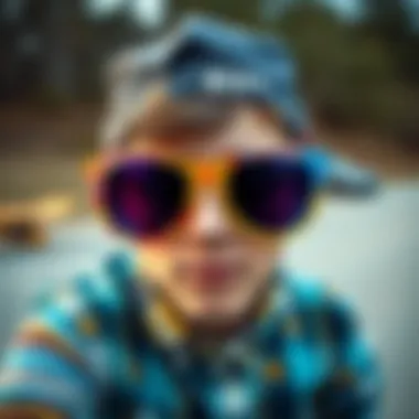 Colorful sunglasses paired with skateboard attire