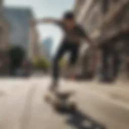 Dynamic skateboarding maneuver showcasing balance and skill