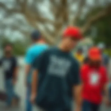 Community and Self-Expression at the Skate Park A vibrant skate park scene where the 'Take It Easy' t-shirt is prominently seen among skaters.