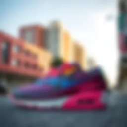 Showcasing the vibrant colors of a pair of multicolored Nike Air Max sneakers against a modern urban backdrop.