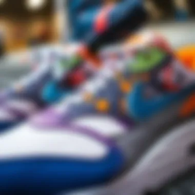 Intricate Designs of Multicolored Air Max Close-up of the intricate design elements of multicolored Nike Air Max sneakers highlighting their unique patterns.