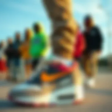 Cultural Influence of Multicolored Air Max in Streetwear A group of diverse individuals wearing multicolored Nike Air Max sneakers, showcasing their influence on contemporary streetwear.