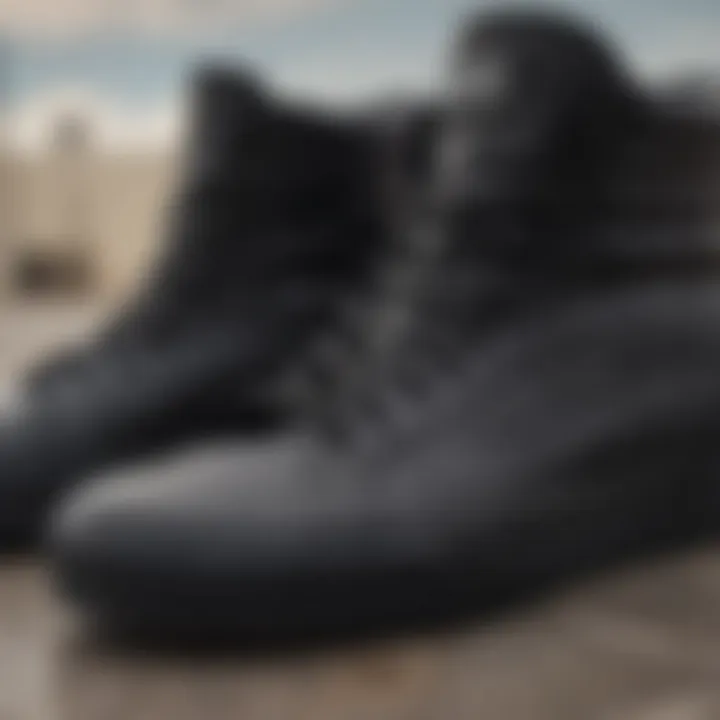 Close-up of all black high top Vans showcasing unique design features