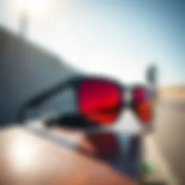 The Intersection of Fashion and Function Artistic representation of black and orange Oakley sunglasses on a skateboard