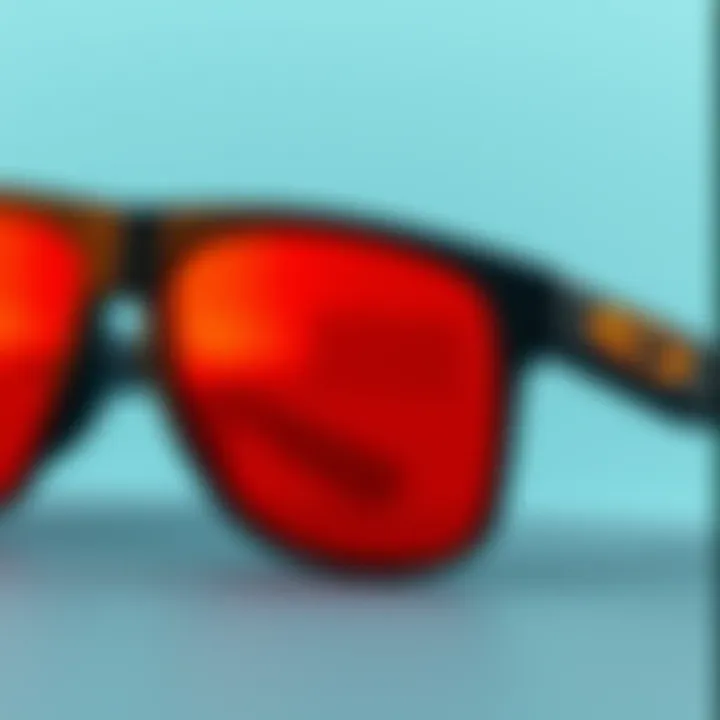 Detailed Features of Oakley Sunglasses Close-up view of black and orange Oakley sunglasses
