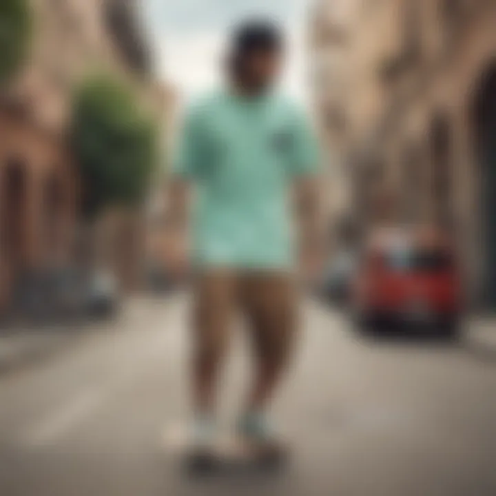 Skateboarder wearing a mint t-shirt in an urban setting.