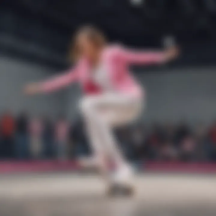 Female skater performing tricks in pink and white Nike Blazers