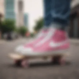 Stylish pink and white Nike Blazers on skateboard