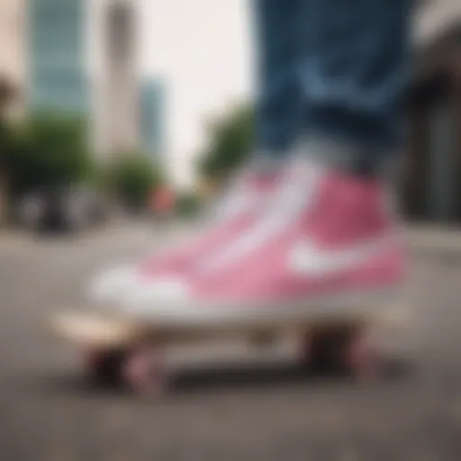 Stylish pink and white Nike Blazers on skateboard