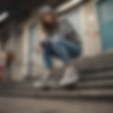 Fashionable streetwear ensemble featuring platform checkered Vans.