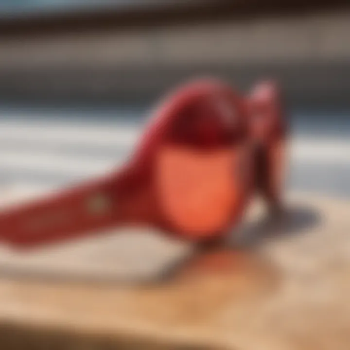 Close-up of red oval sunglasses on a skateboard deck