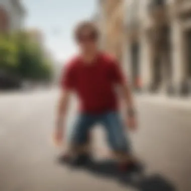 Skateboarding scene featuring red oval sunglasses