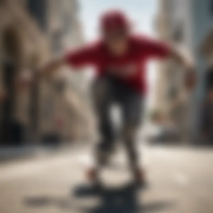 Skateboarder wearing red oval sunglasses during a trick