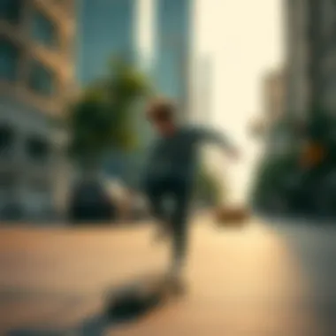 Skateboarding Through the City on a Cruiser Deck A skateboarder riding on a cruiser deck along a vibrant urban street