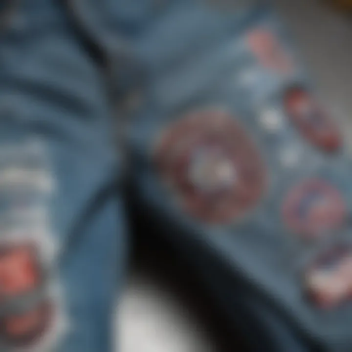 Close-up of customized ripped jeans adorned with patches and unique designs, showcasing individuality