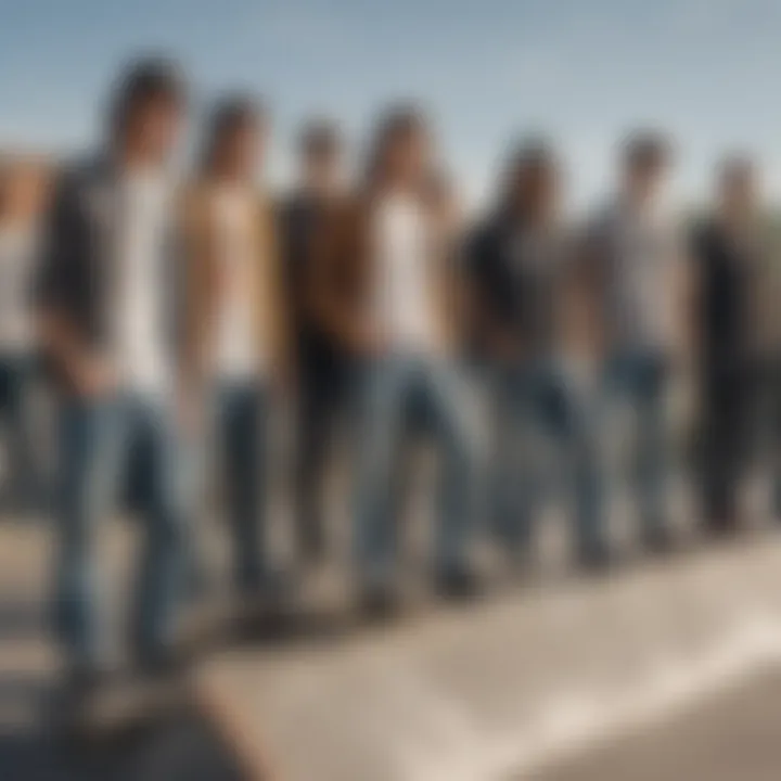 A group of skateboarders at a skate park, dressed in a variety of ripped jeans styles, illustrating community and belonging