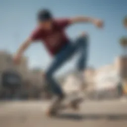 A skateboarder performing a trick while wearing ripped jeans, capturing the essence of skate culture