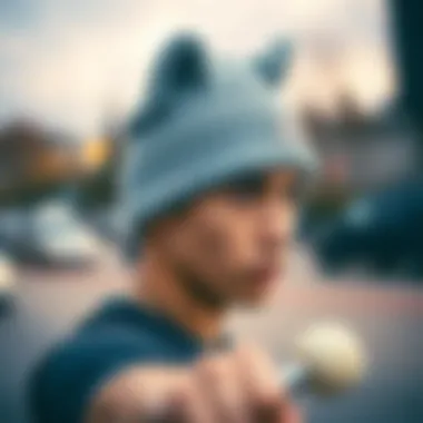 Stylish Beanie with Cat Ears in Skateboarding A stylish beanie with cat ears worn by a skateboarder