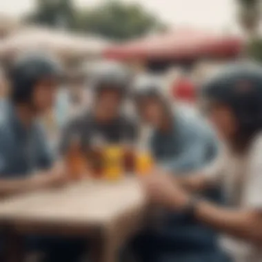 Skateboarders enjoying a social gathering with drink helmets