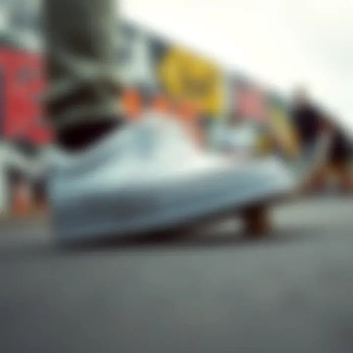 Iconic White Vans in Skate Culture Close-up of iconic white Vans against a backdrop of skateboarding culture