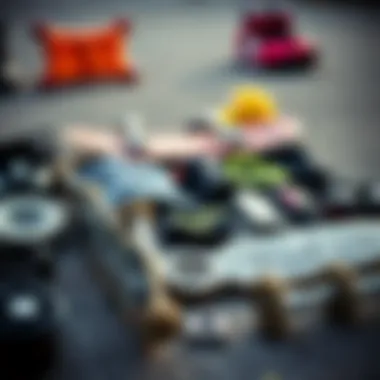 A variety of skateboarding gear laid out on the ground