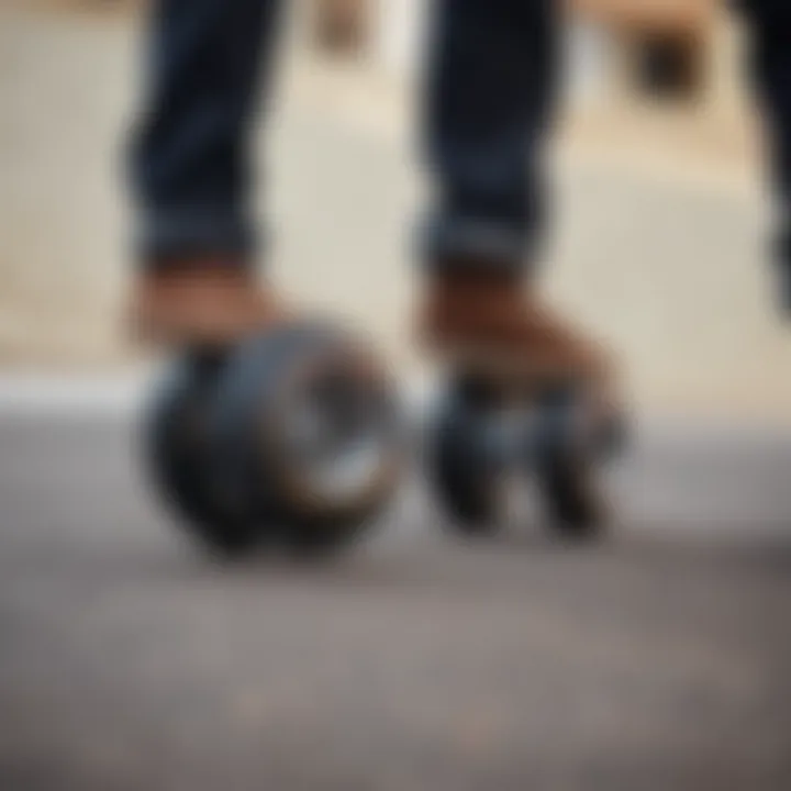 Close-up of skateboard wheels on a board