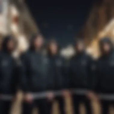 A group of skateboarders hanging out, all wearing black Champion jackets