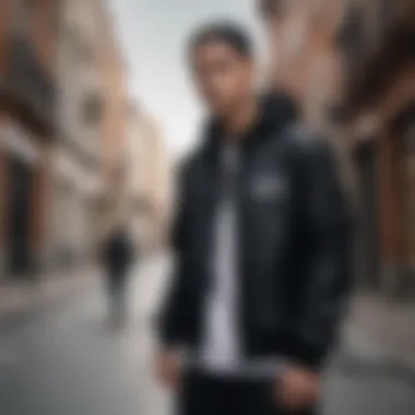 A stylish skateboarder wearing a black Champion jacket in an urban setting