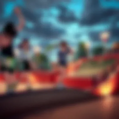 Artistic representation of a skatepark filled with anime-inspired designs