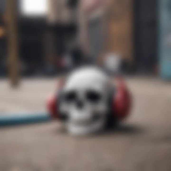 Close-up view of Skull Candy Lightning headphones against a backdrop of skateboard gear