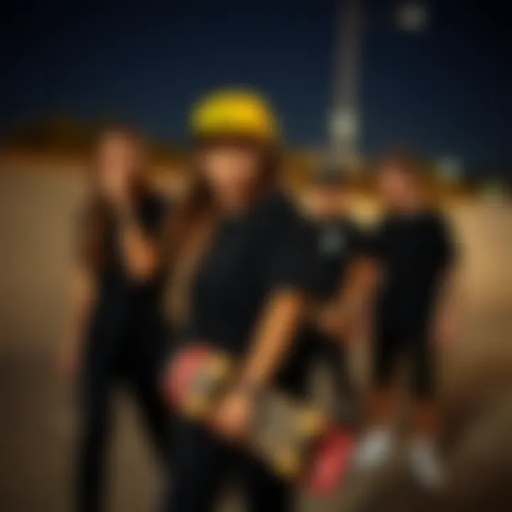 Cultural Integration of Long Black Tees Young skaters showcasing diverse styles with long black tees