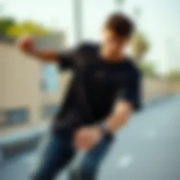 Stylish long black tee worn during a skate session