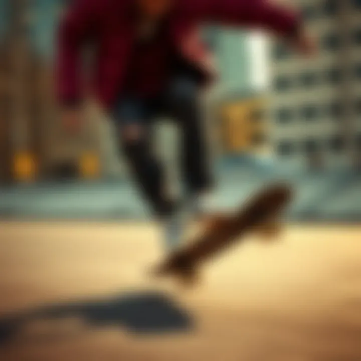 Maroon Puffer Jacket in Action on the Skateboard A dynamic shot capturing the maroon puffer jacket in motion within a skateboarding context.