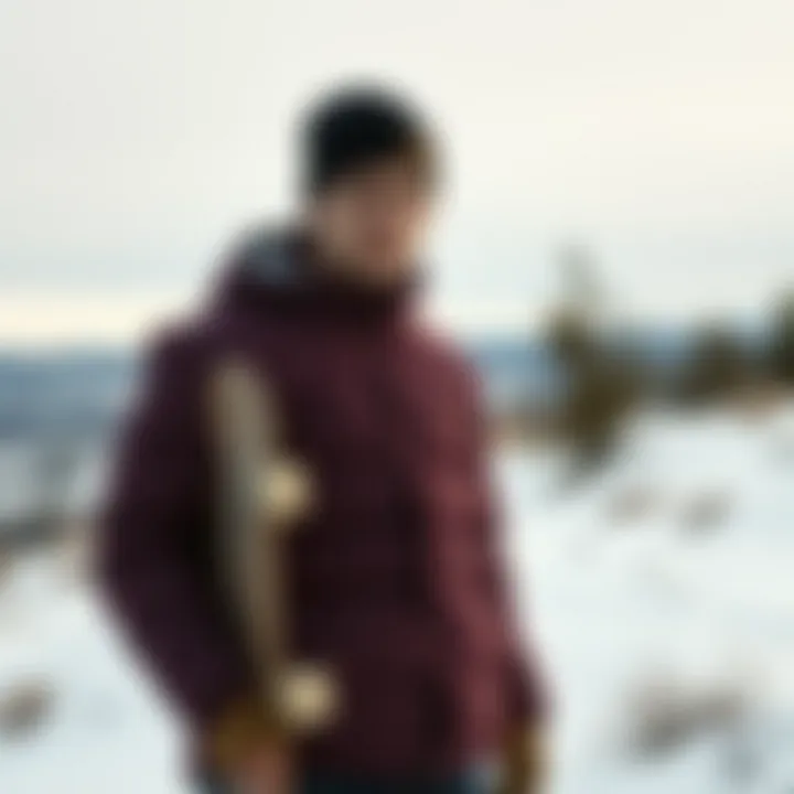 Maroon Puffer Jacket in a Winter Landscape An outdoor scene featuring the maroon puffer jacket worn against a backdrop of winter scenery.