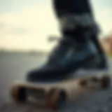 Stylish black blazer shoes on a skateboard