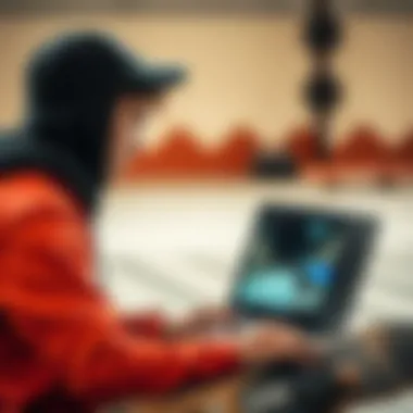 Skateboarder reviewing and editing footage on a laptop