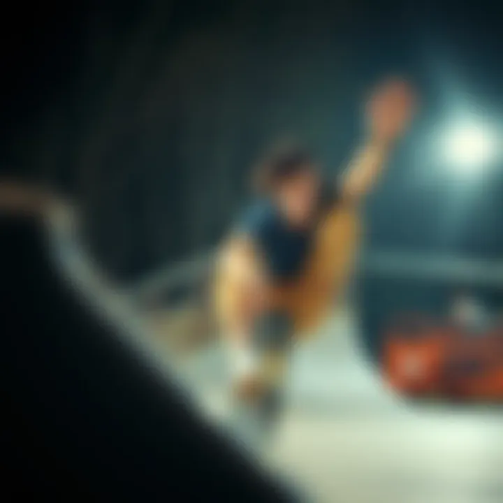 A skateboarder executing a trick in a dynamic skatepark setting