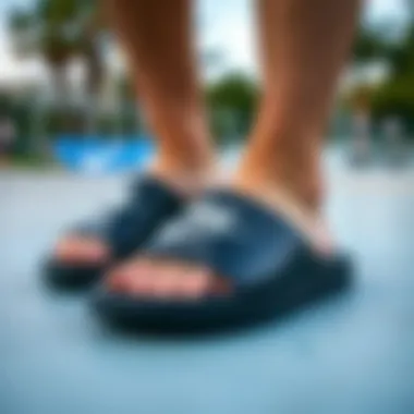 Stylish Black Nike Slides at the Skate Park Stylish black Nike slides on a skate park surface