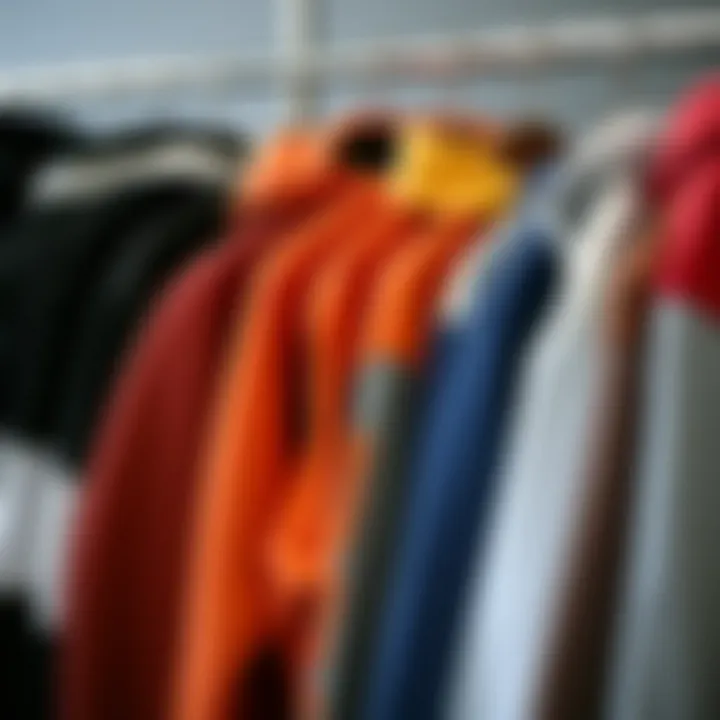 An array of hoodies and sweatshirts hanging on a rack, displaying various colors and styles