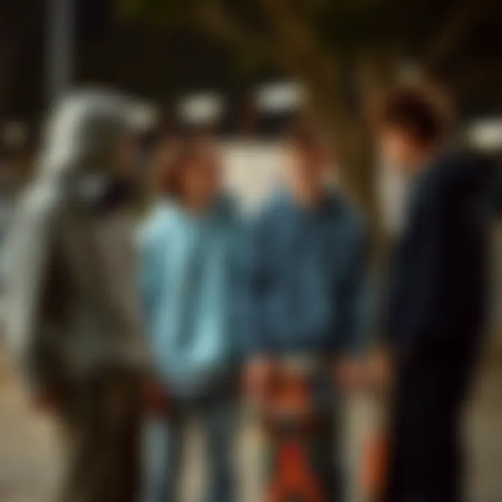 A group of skateboarders conversing, each wearing a different style of plain hoodie