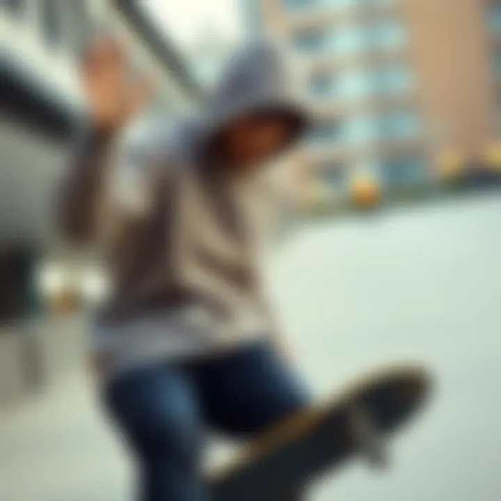 A skater performing tricks while wearing a relaxed-fit sweatshirt in an urban setting