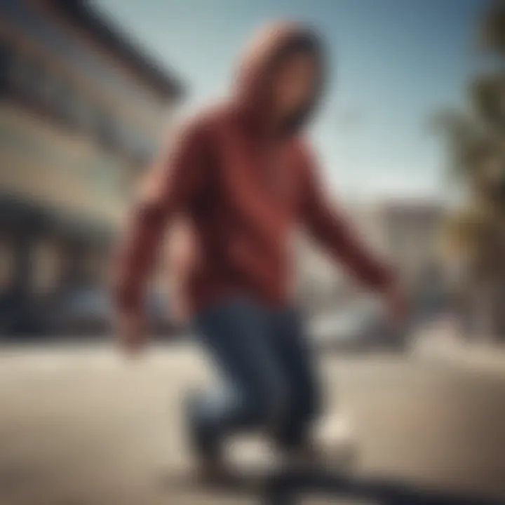 A skateboarder wearing a pull over hooded sweatshirt, capturing the essence of skate culture.