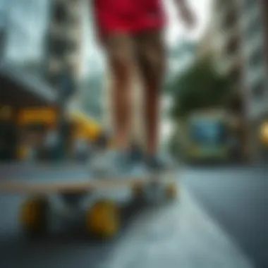 Urban Skate Scene Skateboard deck on a city street with Dickies-clad skater
