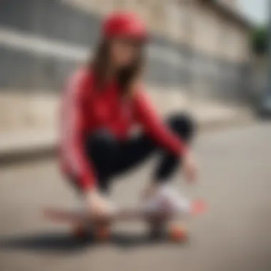 Skateboarder wearing the red and white Adidas hat in an urban setting, demonstrating skate culture