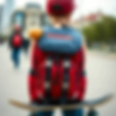 Red Mini Backpack with Essential Skate Gear Red mini backpack paired with essential skate gear