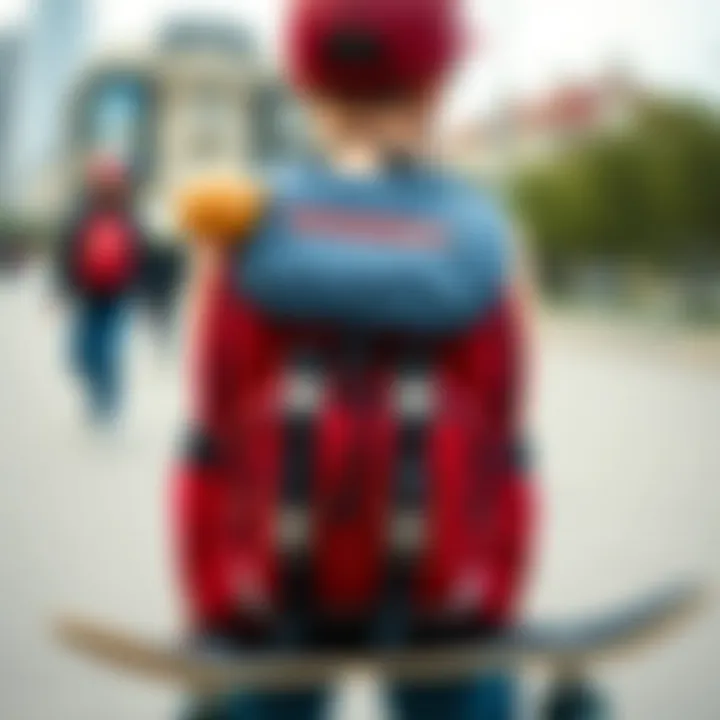 Red Mini Backpack with Essential Skate Gear Red mini backpack paired with essential skate gear