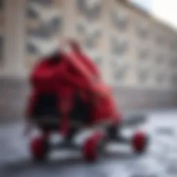 A stylish red mini backpack resting on a skateboard
