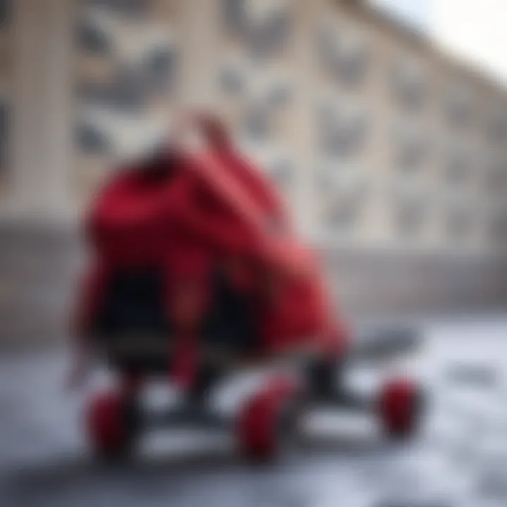 Stylish Red Mini Backpack on Skateboard A stylish red mini backpack resting on a skateboard