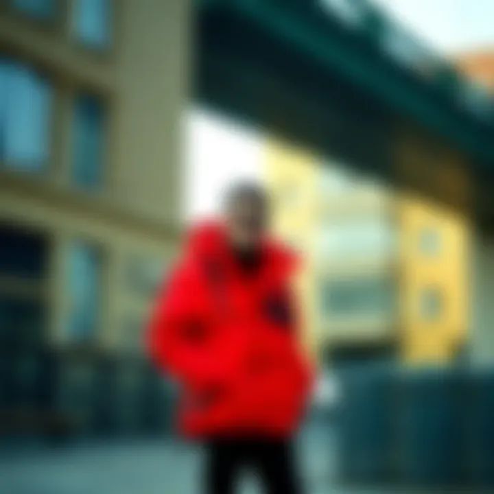 A fashionable individual wearing a red puff coat in an urban setting