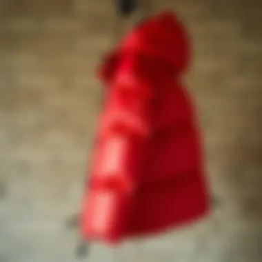 A vibrant red puff coat hanging elegantly against a textured backdrop